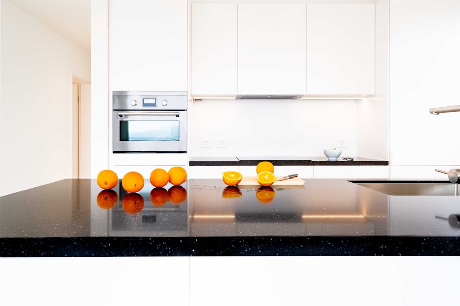 Modern kitchen finished with a black granite island