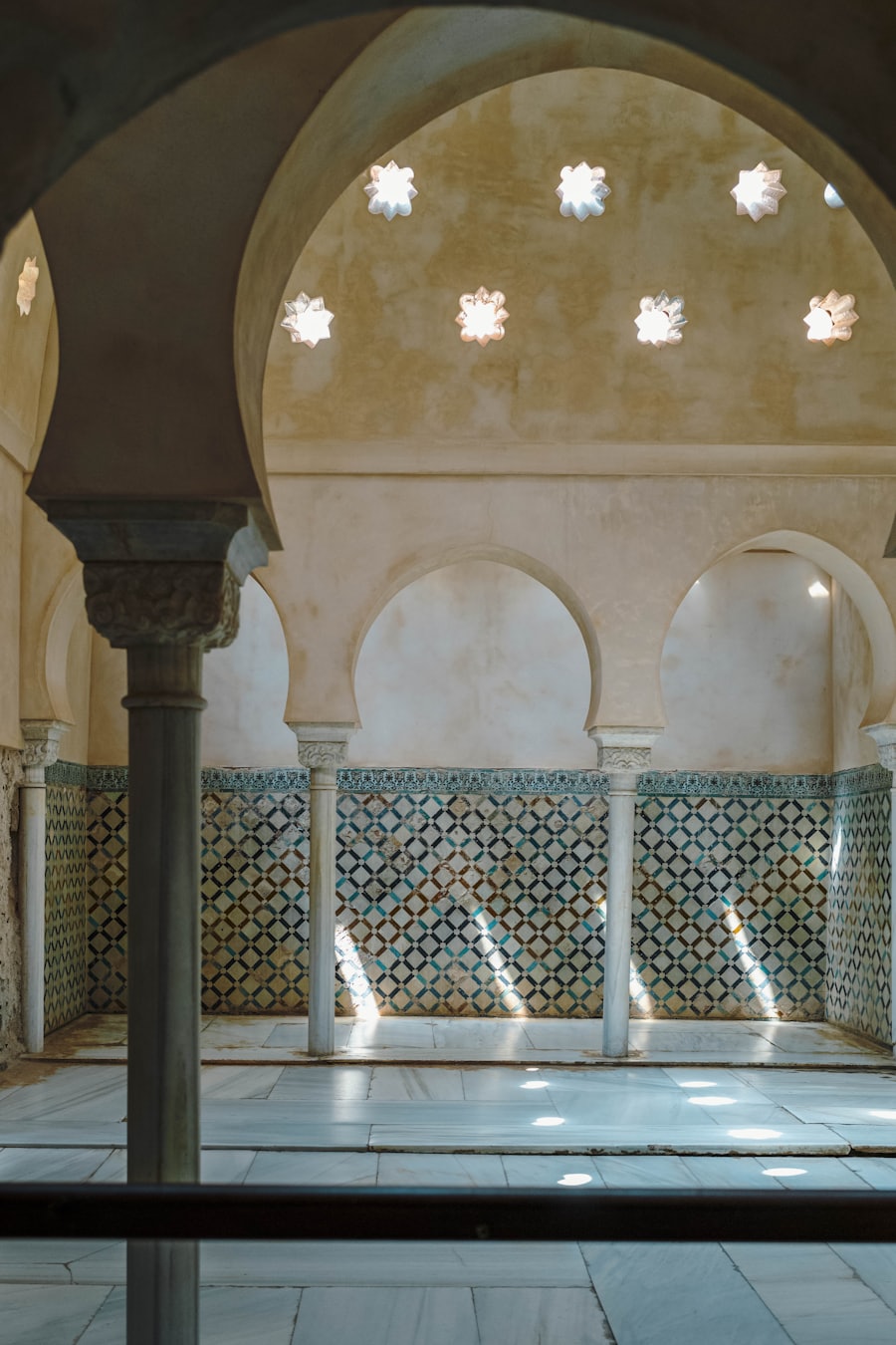 Marble arches and mosaic tilework in a traditional interior